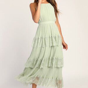 Lulus Came For Cocktails Sage Green Pleated Tiered Lace Maxi Dress - Size M
